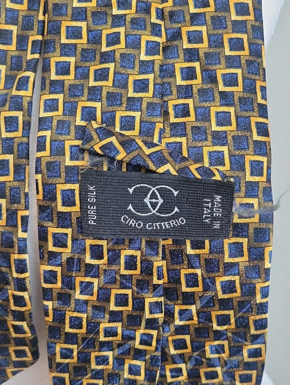 Vintage Ciro Citterio Italian Silk Tie Navy and Gold Square-Pattern